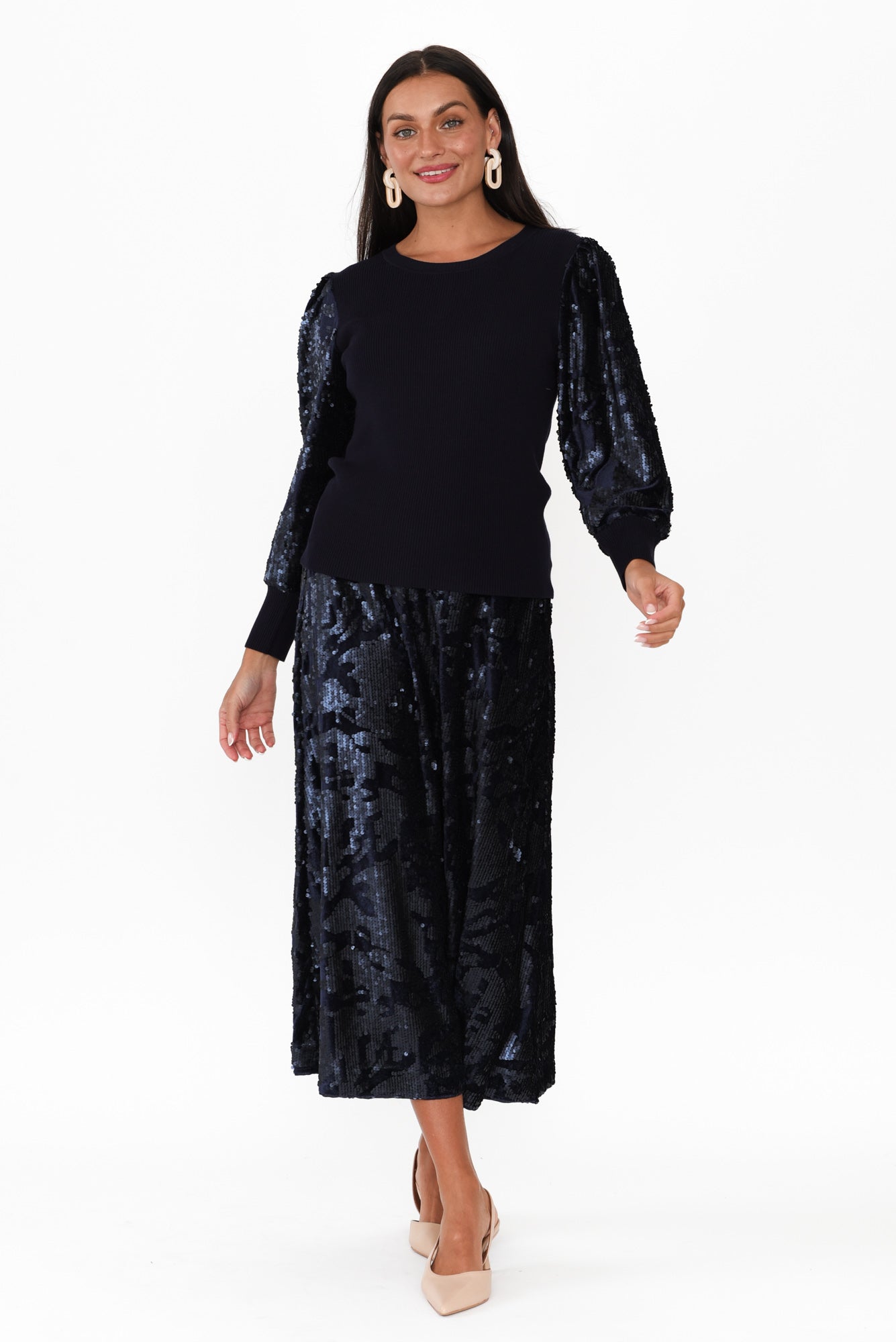 Corinne Navy Sequin Midi Skirt Blue Bungalow AU corinne-navy-sequin-midi-skirt-blue-bungalow-au