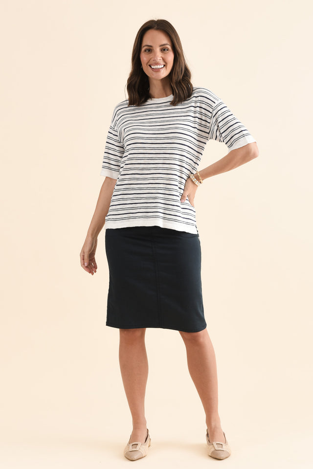 Eleni Navy Stripe Knit Tee,Full Body,Brunette model,alt text|model:MJ image 2