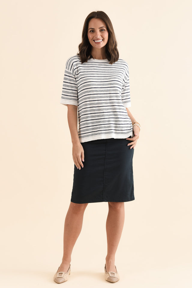 Eleni Navy Stripe Knit Tee,Full Body,Brunette model,alt text|model:MJ image 6
