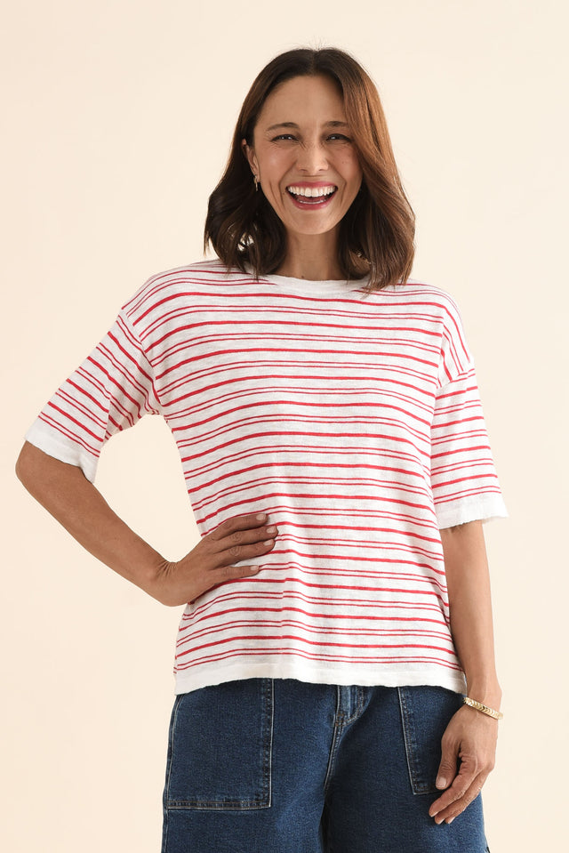 Eleni Red Stripe Knit Tee,Front,Brunette model,alt text|model:Cara