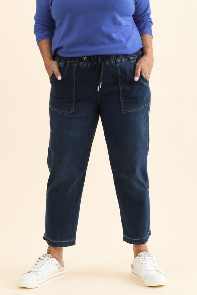 Eliana Dark Blue Denim Stretch Jeans,Front,Brunette model,alt text|model:Pilita image 9