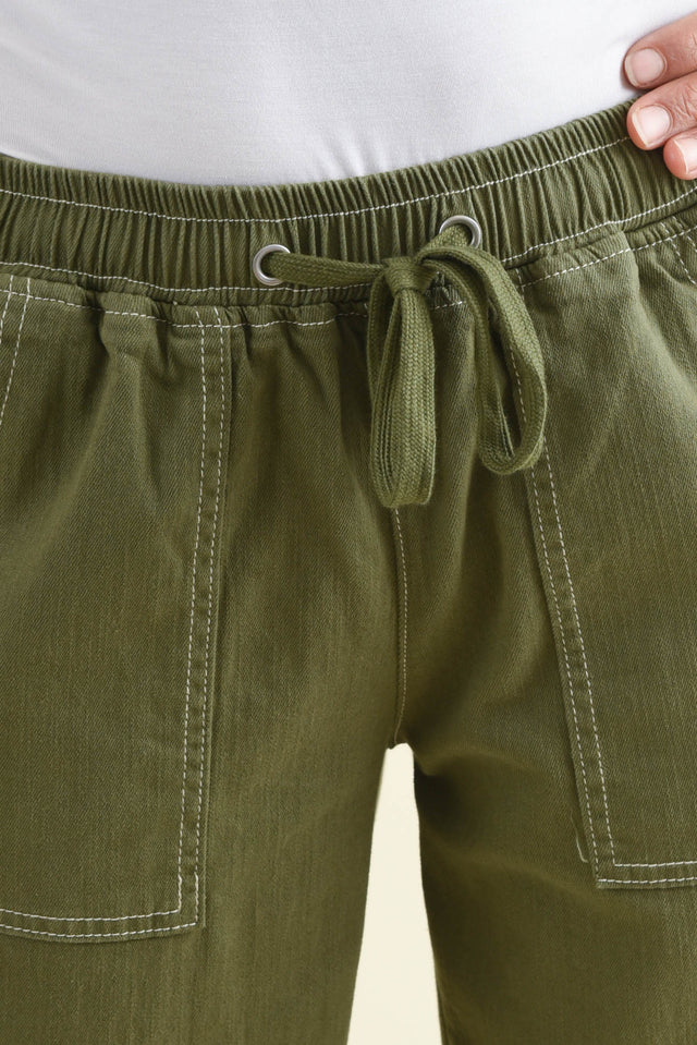Eliana Olive Cotton Stretch Jeans,Back,Brunette model,alt text|model:Cara image 6