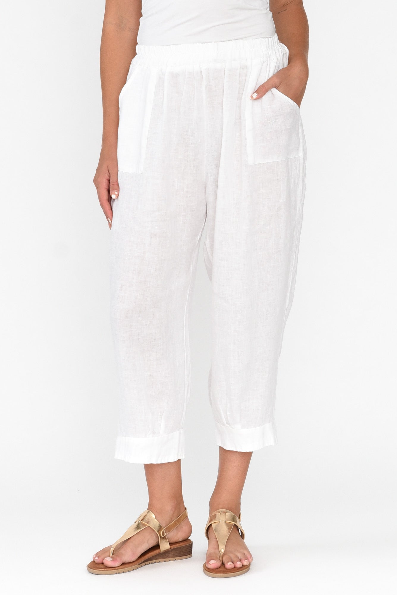 Linen crop pants elastic on sale waist