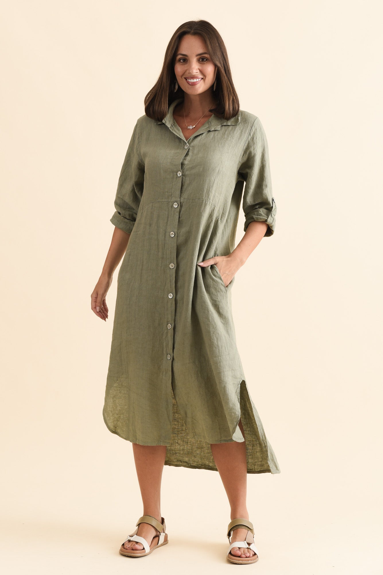 Elin Khaki Linen Shirt Dress - Blue Bungalow AU Elin Khaki Linen Shirt Dress - Blue Bungalow AU