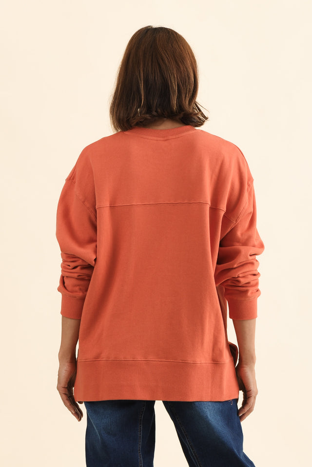 Elin Orange Heart Cotton Sweatshirt,Back,Brunette model,alt text|model:Cara image 4