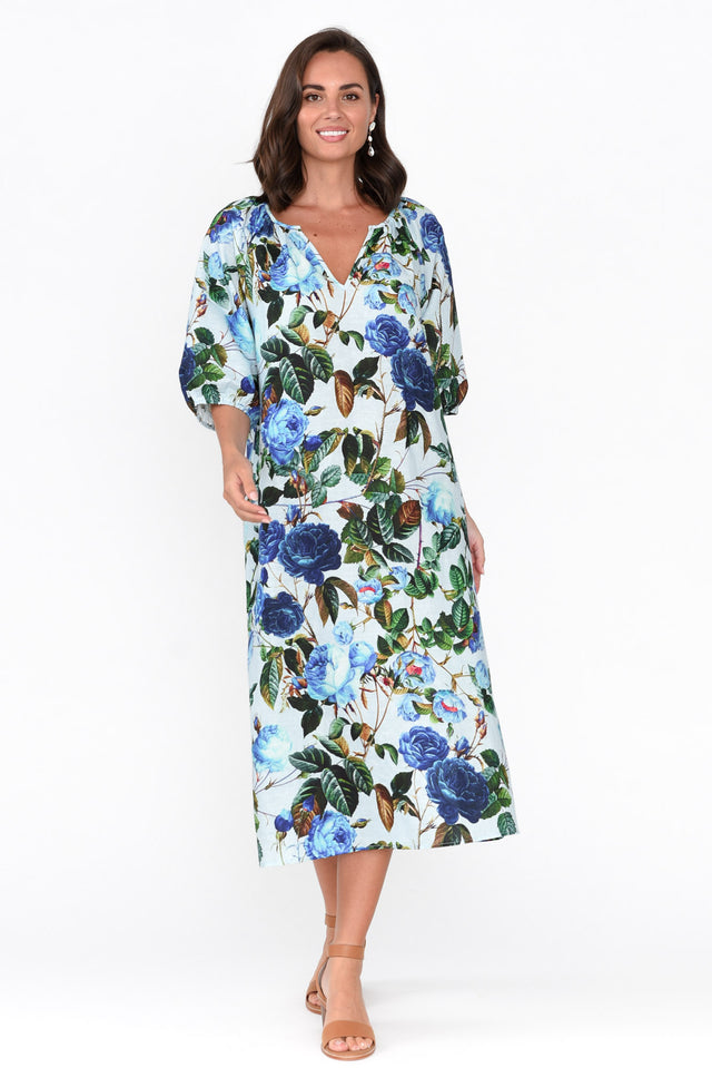 Elkie Blue Floral Linen Cotton Dress