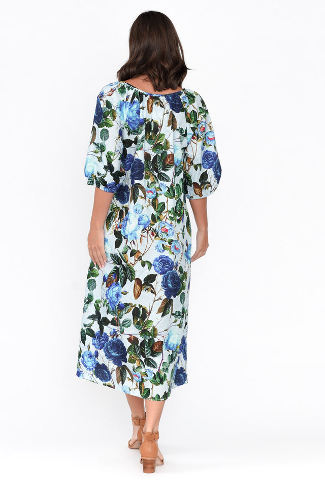 Elkie Blue Floral Linen Cotton Dress