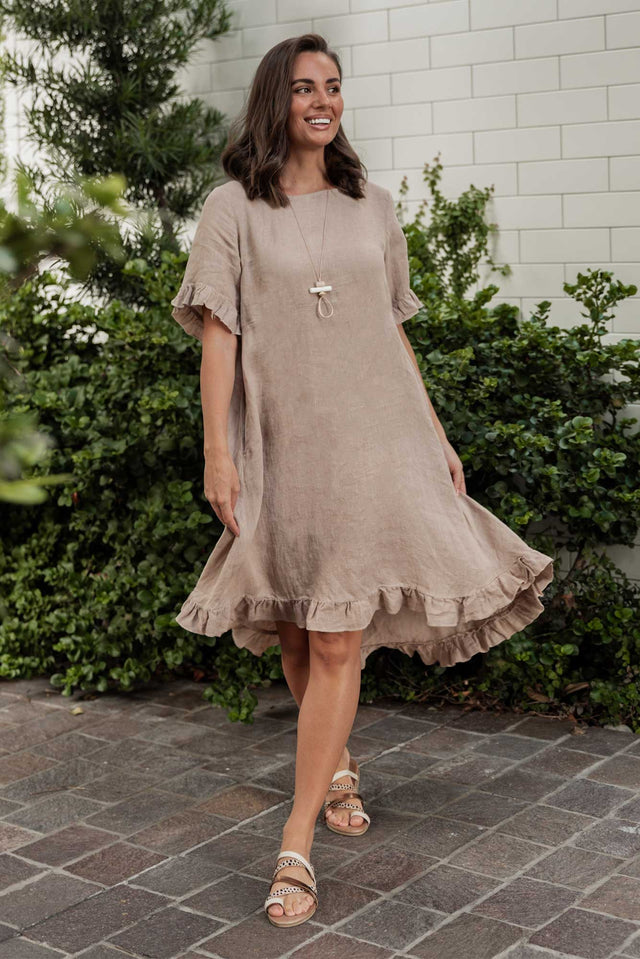 Elodie Taupe Linen Frill Dress thumbnail 1