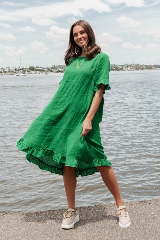 Elodie Green Linen Frill Dress image 2