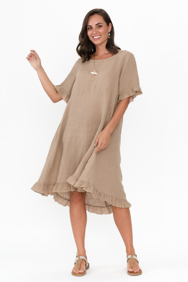Elodie Taupe Linen Frill Dress thumbnail 3