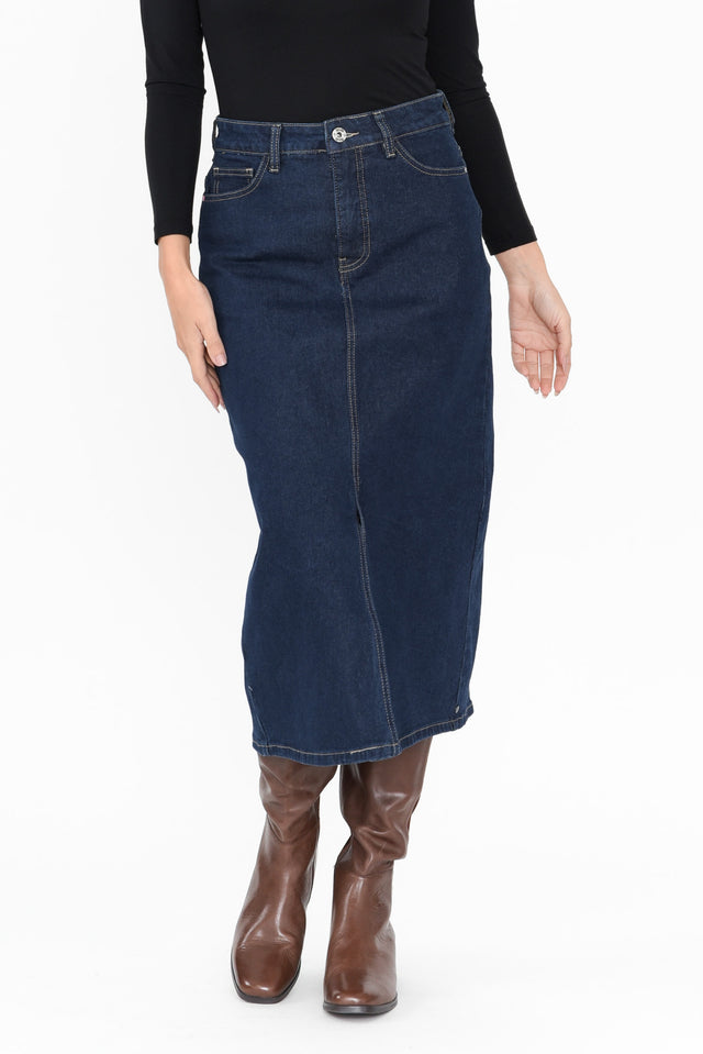 Eloise Dark Blue Denim Midi Skirt length_Midi print_Plain hem_Straight colour_Navy SKIRTS  alt text|model:MJ;wearing:8 image 1