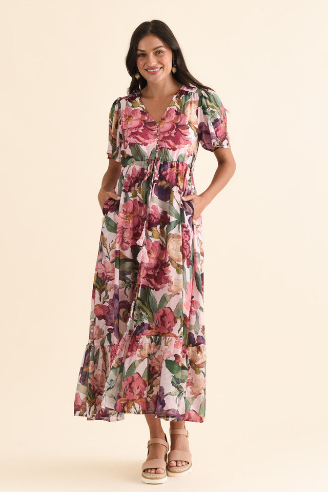 Elva Pink Floral Tie Dress,Full Body,Brunette model,alt text|model:Brontie image 2