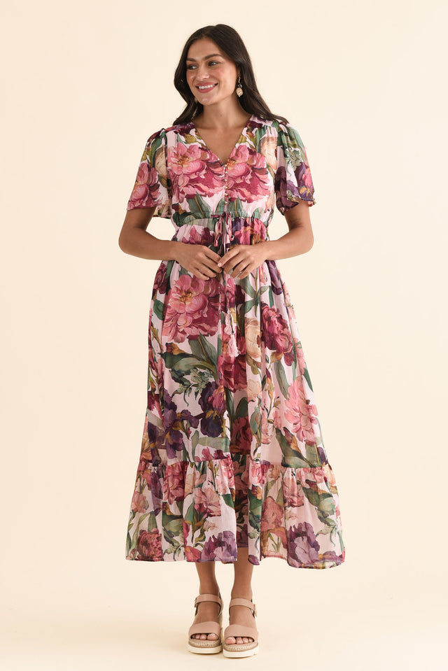 Elva Pink Floral Tie Dress,Front,Brunette model,alt text|model:Brontie image 1