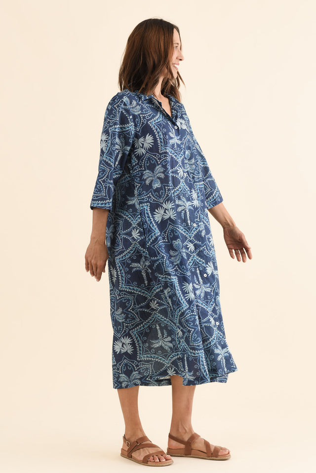 Emis Blue Palm Cotton Shirt Dress,Side,Brunette model,alt text|model:Cara image 3