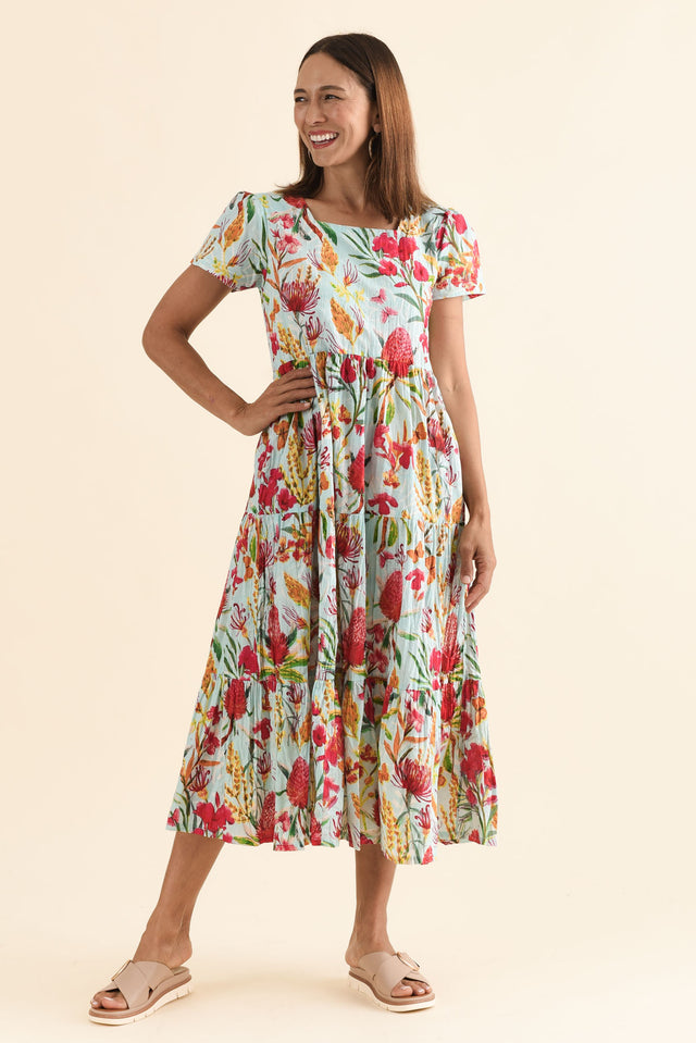 Emmi Pink Flower Cotton Pocket Dress,Full Body,Brunette model,alt text|model:Cara image 2