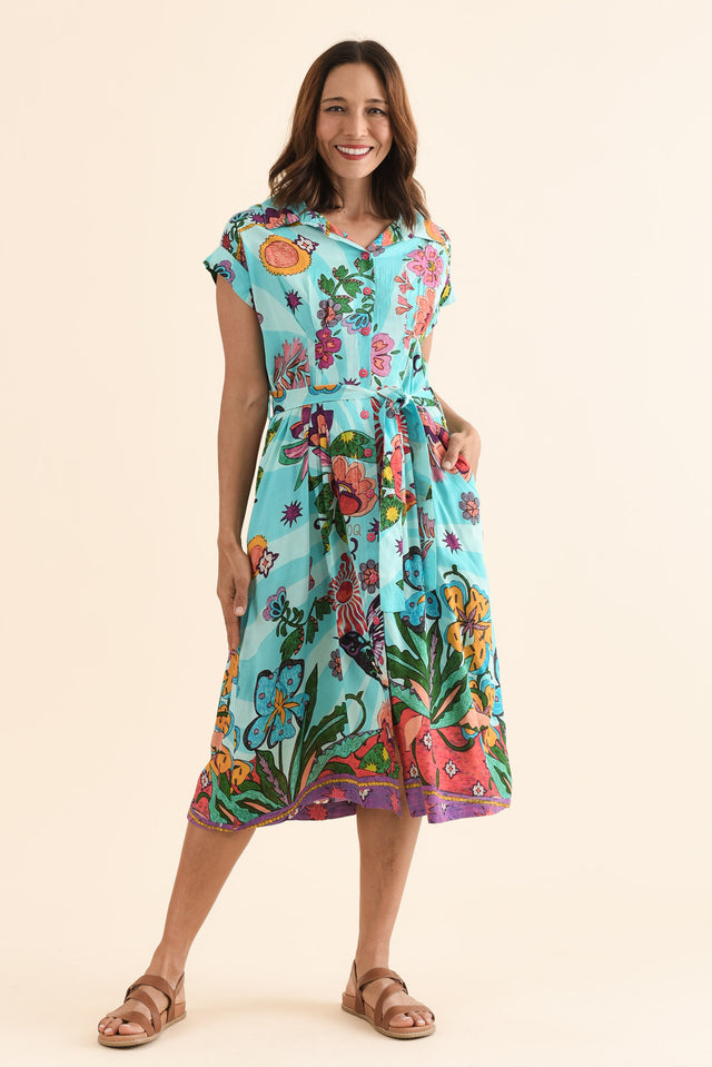 Emoha Blue Floral Tie Dress,Full Body,Brunette model,alt text|model:Cara image 2