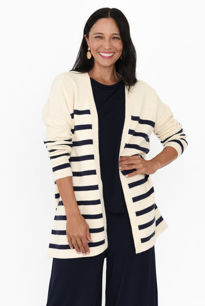 Rib Knit Stripe Cardigan, Blue Grey
