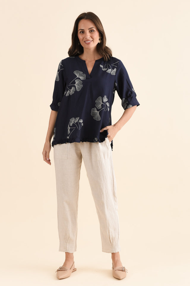 Ennis Navy Floral Frill Top,Full Body,Brunette model,alt text|model:MJ image 6