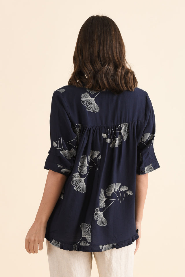 Ennis Navy Floral Frill Top,Back,Brunette model,alt text|model:MJ image 4
