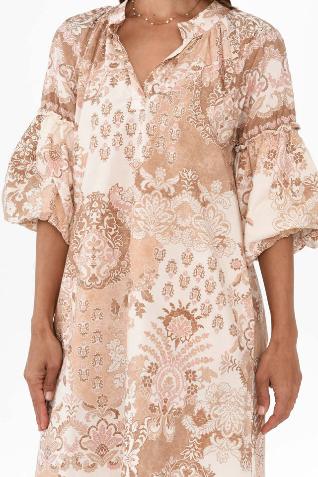 Erica Natural Abstract Cotton Tie Dress,Brunette model,alt text|model:Cara image 6