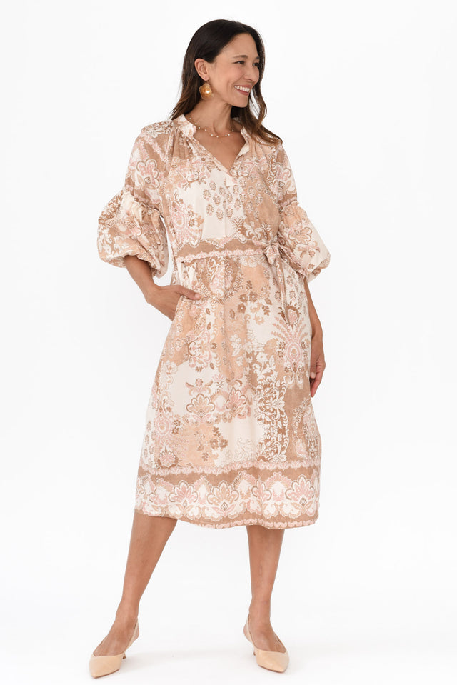 Erica Natural Abstract Cotton Tie Dress,Brunette model,alt text|model:Cara image 3