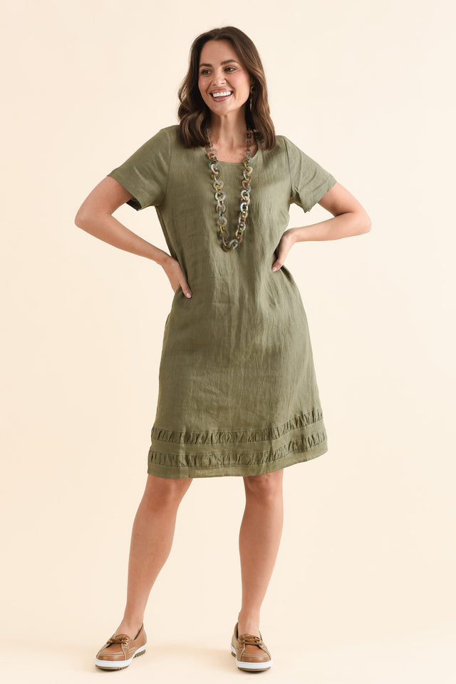 Erikson Olive Linen Pocket Dress,Full Body,Brunette model,alt text|model:MJ image 2