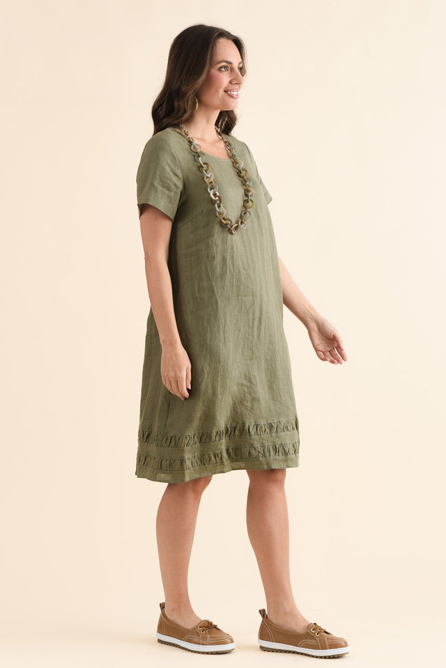 Erikson Olive Linen Pocket Dress,Side,Brunette model,alt text|model:MJ image 3