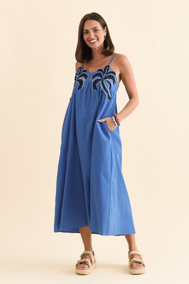 Essen Cobalt Cotton Poplin Embroidered Dress,Brunette model,alt text|model:MJ image 4