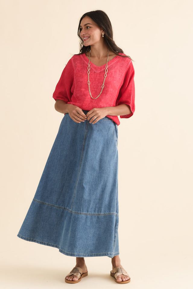 Estelle Blue Denim Midi Skirt,Full Body,Brunette model,alt text|model:Brontie image 6