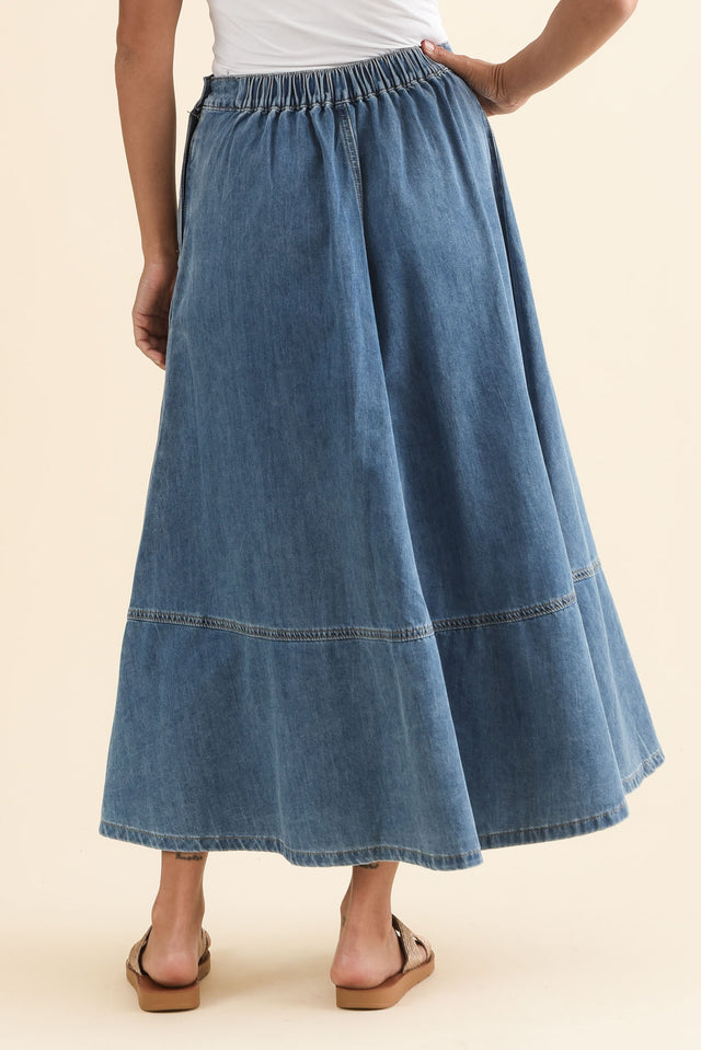 Estelle Blue Denim Midi Skirt,Back,Brunette model,alt text|model:Brontie image 4
