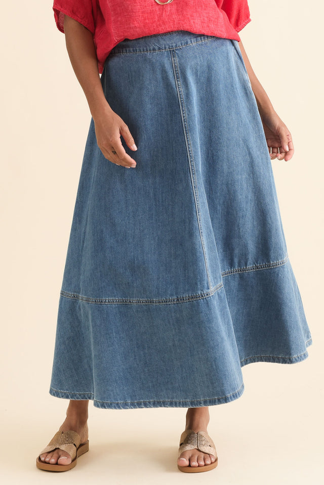 Estelle Blue Denim Midi Skirt,Front,Brunette model,alt text|model:Brontie image 1