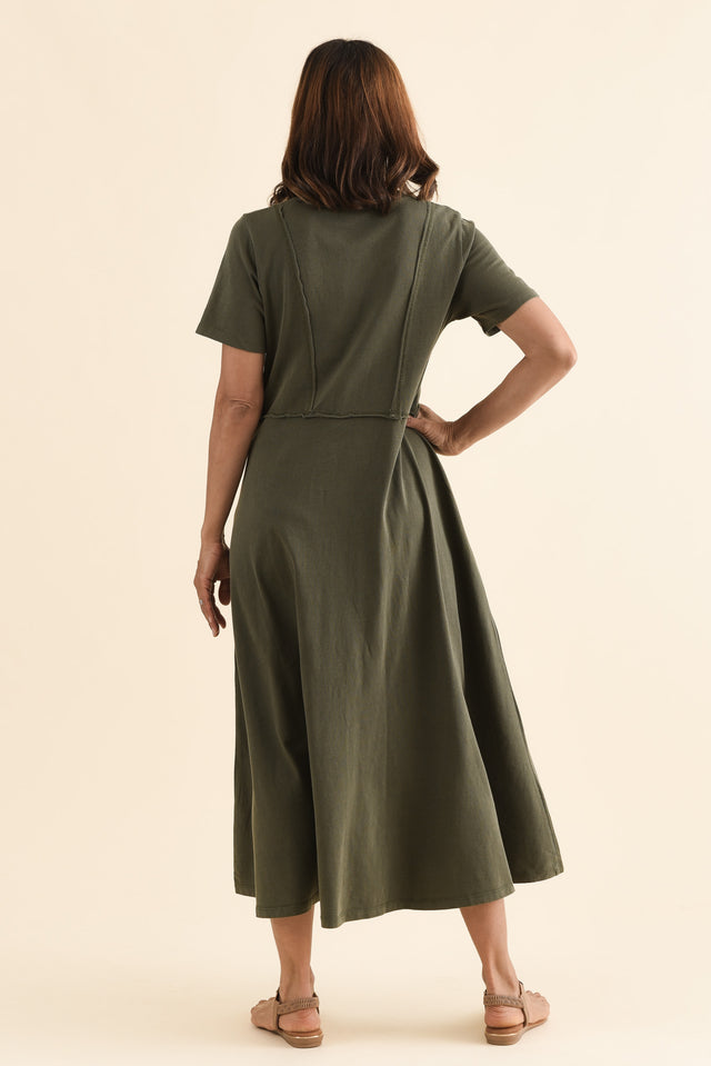Eva Khaki Cotton Midi Dress,Back,Brunette model,alt text|model:Cara image 4