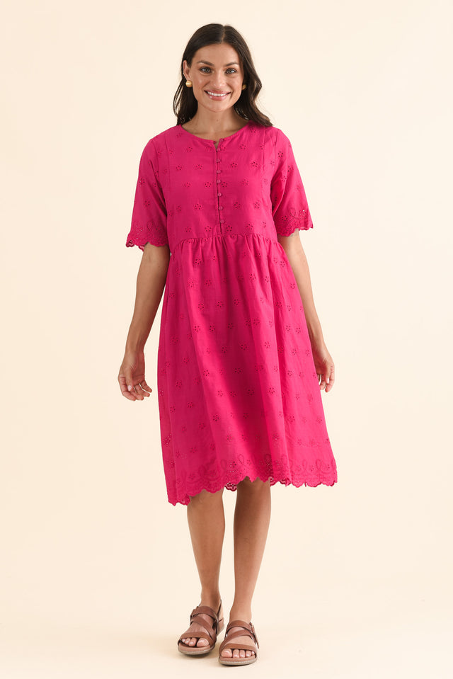 Evia Hot Pink Cotton Embroidered Dress,Full Body,Brunette model,alt text|model:Brontie