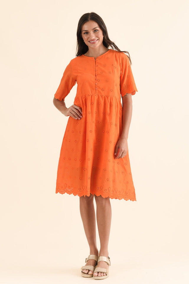 Evia Orange Cotton Embroidered Dress,Front,Brunette model,alt text|model:Brontie