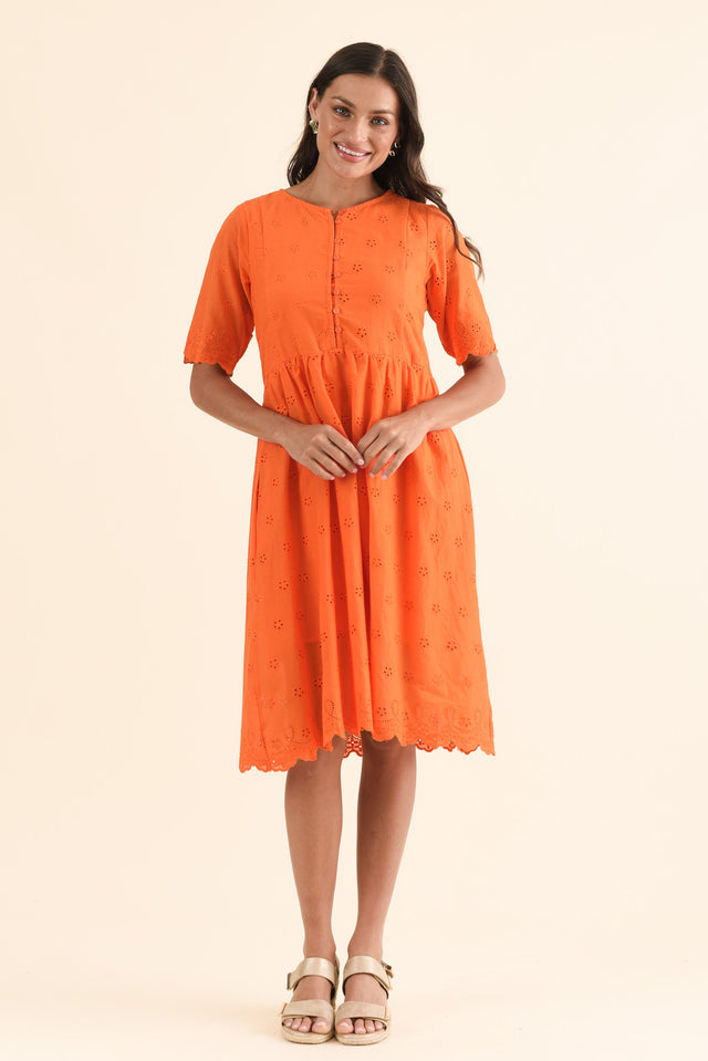 Evia Orange Cotton Embroidered Dress,Full Body,Brunette model,alt text|model:Brontie image 6