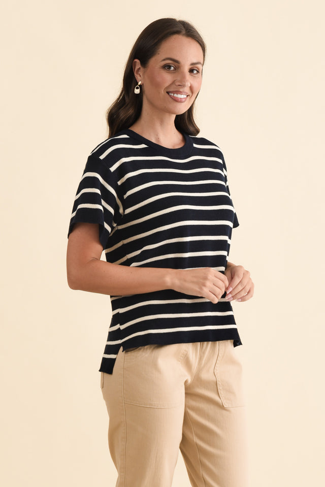 Fabian Navy Stripe Cotton Knit Top,Brunette model,alt text|model:MJ image 4