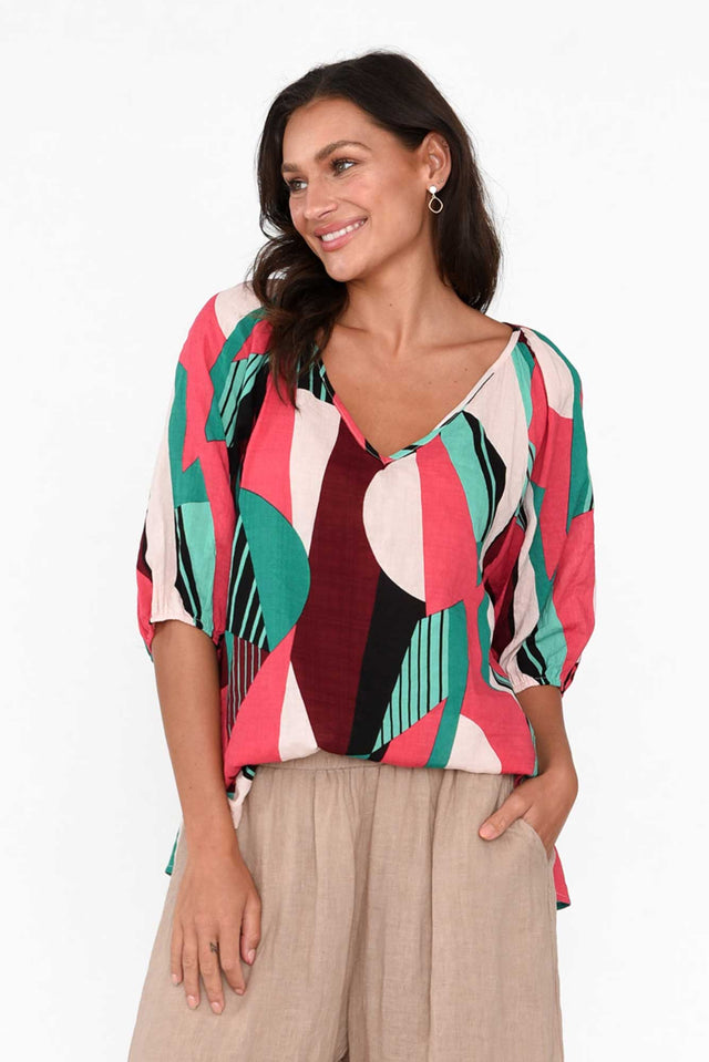 Faelyn Pink Abstract Cotton Blend Top