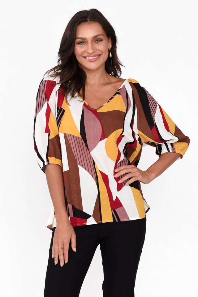 Faelyn Chocolate Abstract Cotton Blend Top