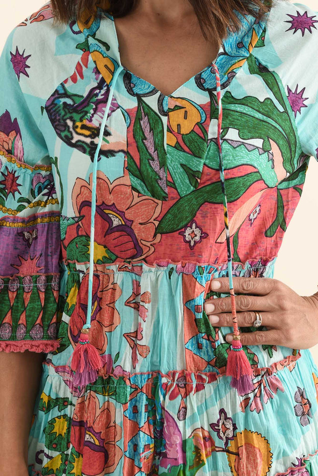 Farren Blue Floral Tiered Dress,Detail,Brunette model,alt text|model:Cara image 5