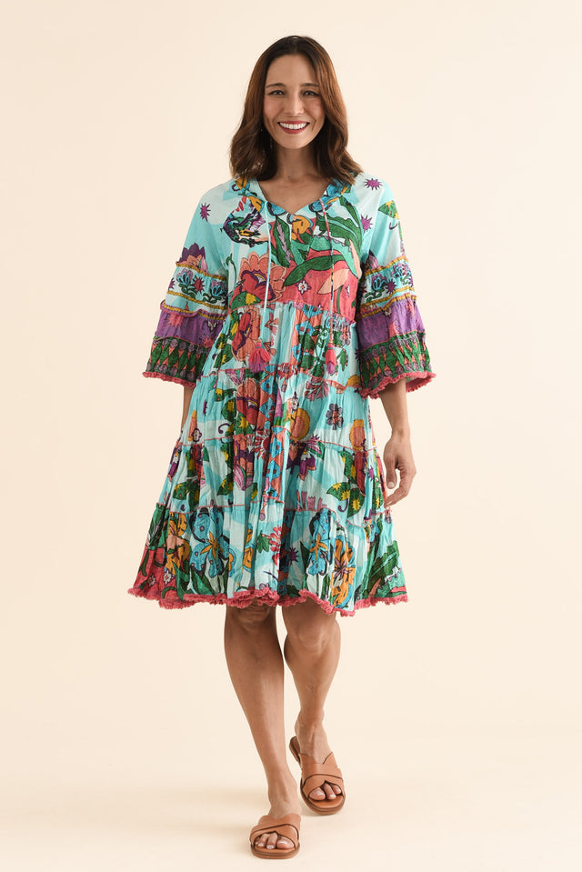 Farren Blue Floral Tiered Dress,Full Body,Brunette model,alt text|model:Cara image 2