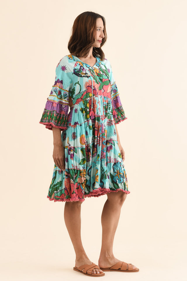 Farren Blue Floral Tiered Dress,Side,Brunette model,alt text|model:Cara image 3