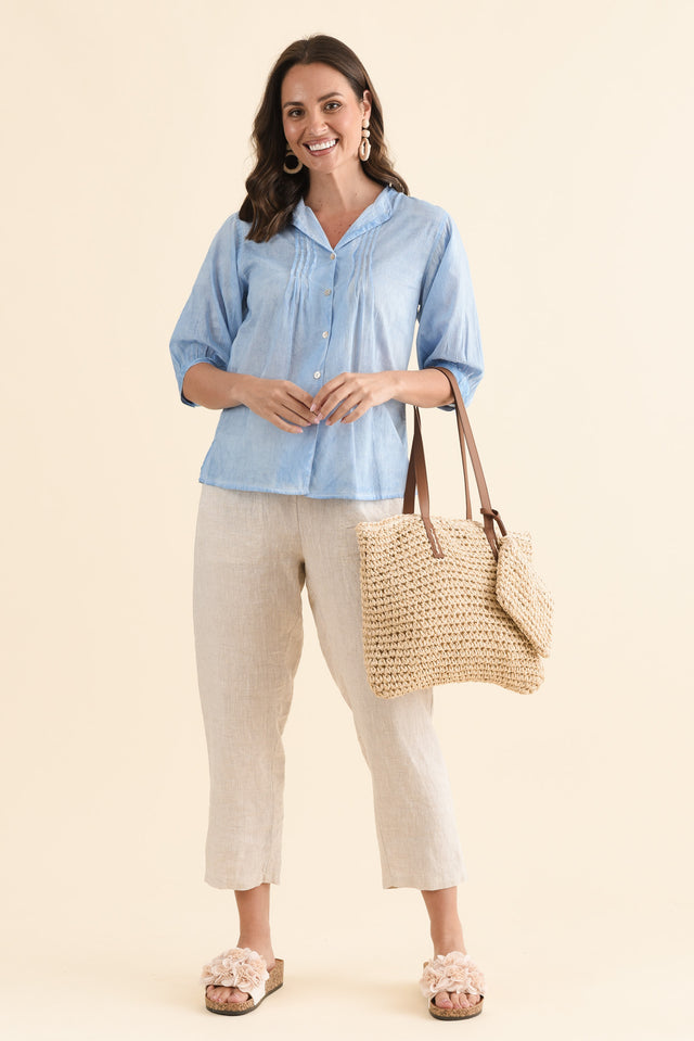 Farrow Blue Cotton Pleated Blouse,Full Body,Brunette model,alt text|model:MJ image 2