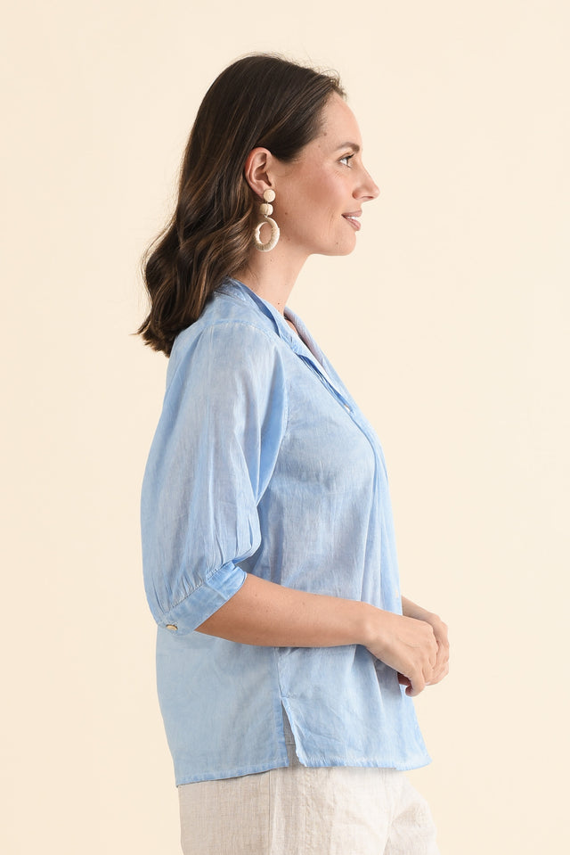 Farrow Blue Cotton Pleated Blouse,Side,Brunette model,alt text|model:MJ image 3