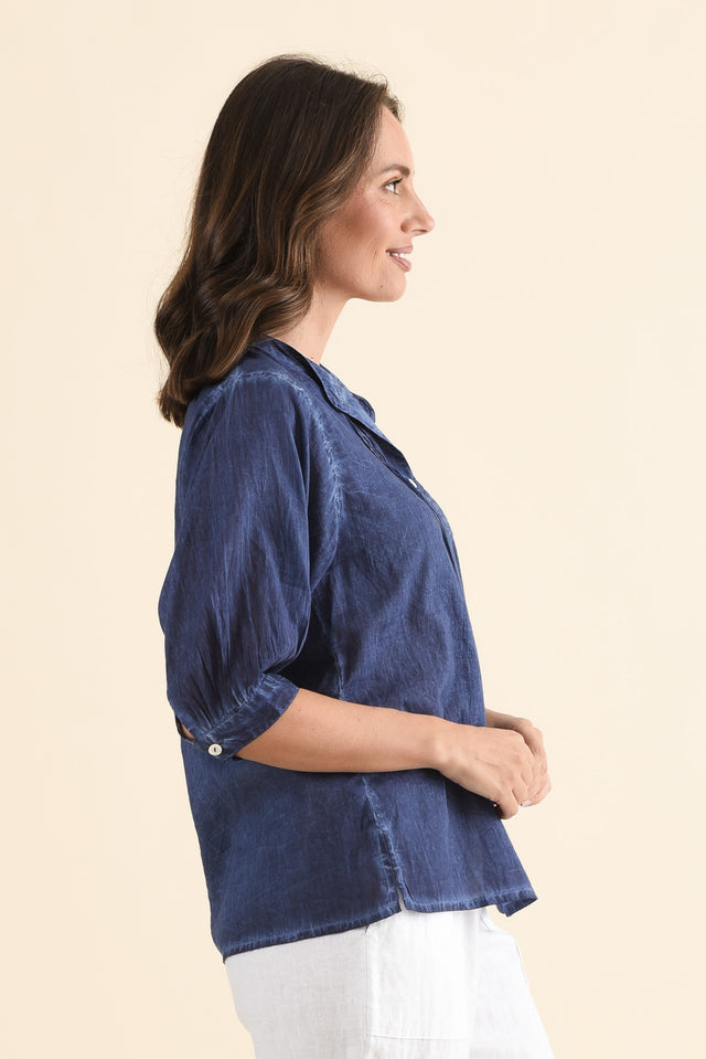 Farrow Navy Cotton Pleated Blouse,Side,Brunette model,alt text|model:MJ image 3