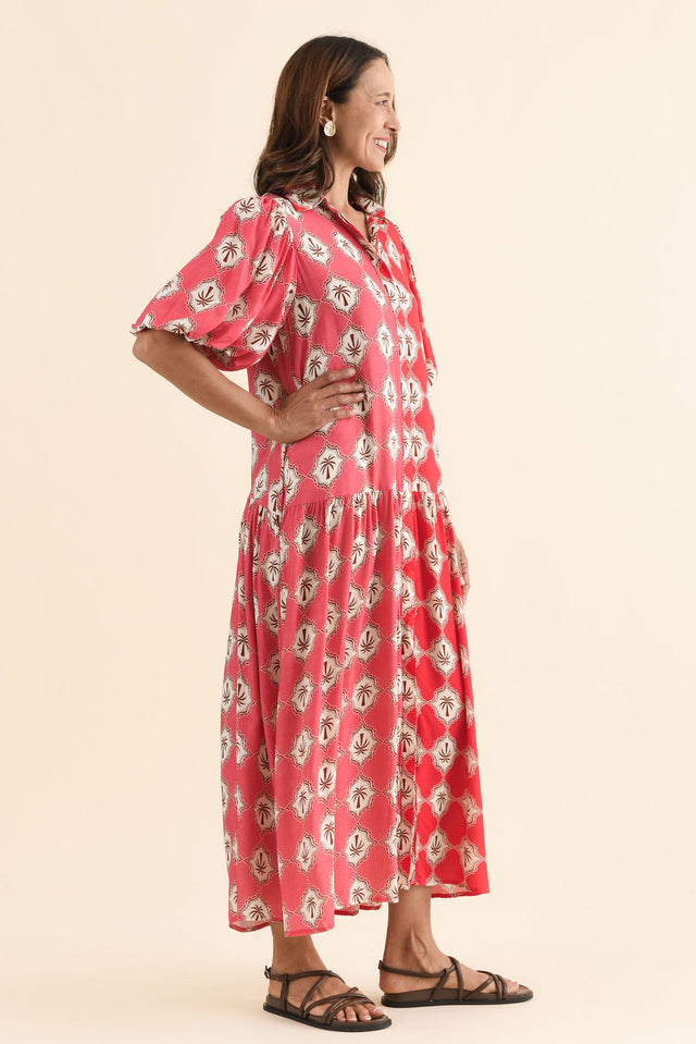 Felix Pink Palm Shirt Dress,Side,Brunette model,alt text|model:Cara image 3
