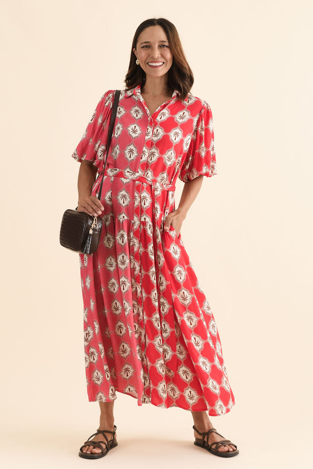 Felix Pink Palm Shirt Dress,Front,Brunette model,alt text|model:Cara image 1