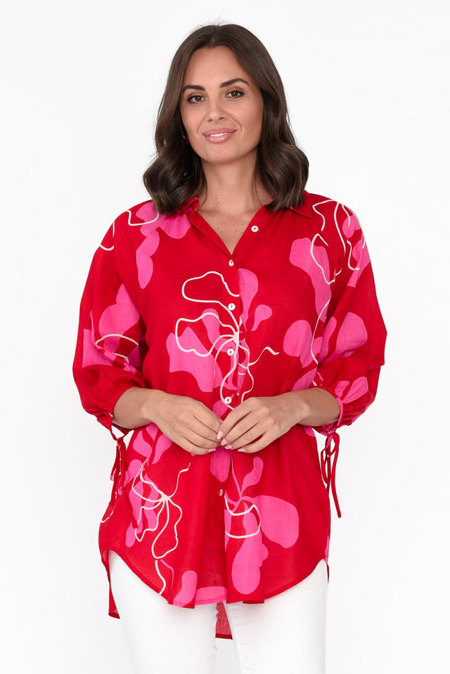 Fenella Red Blossom Cotton Shirt neckline_V Neck  thumbnail 1