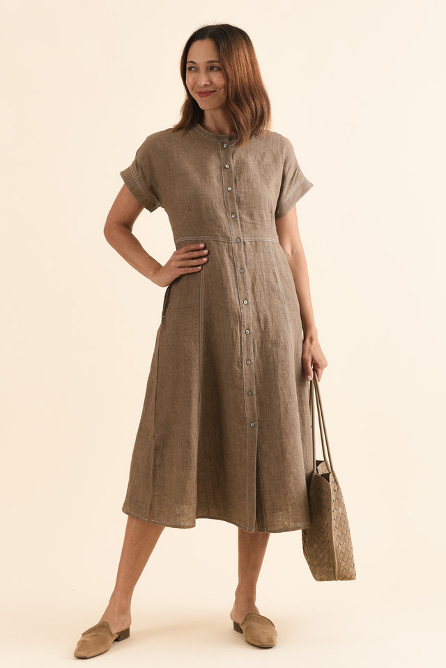 Fenton Mocha Linen Button Dress,Front,Brunette model,alt text|model:Cara image 1