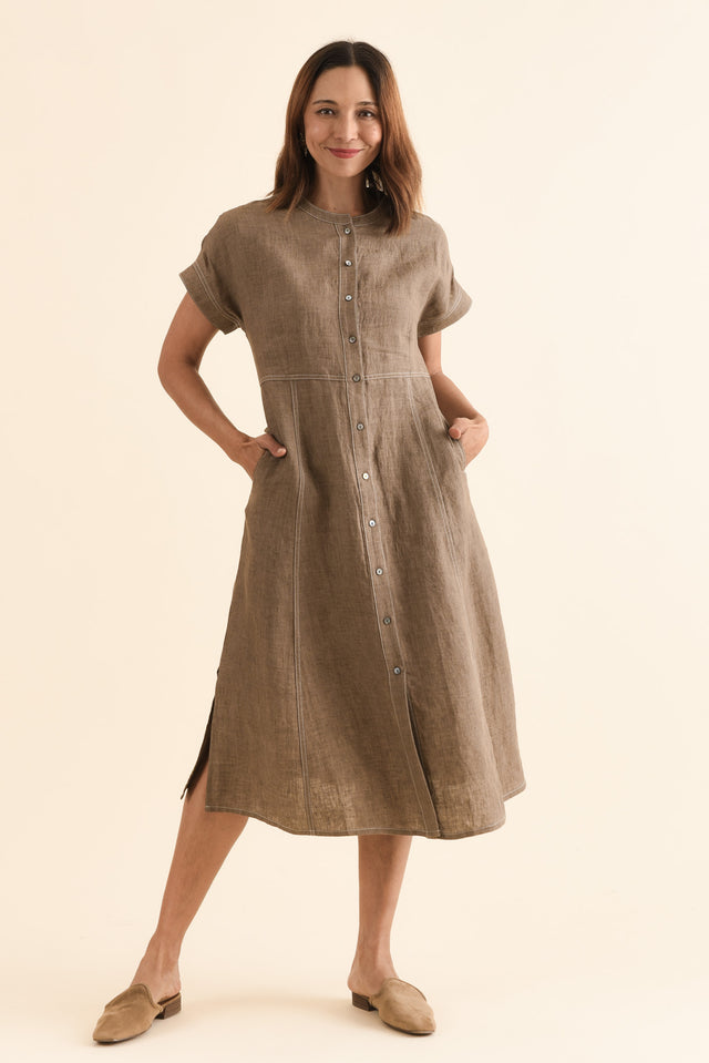 Fenton Mocha Linen Button Dress,Full Body,Brunette model,alt text|model:Cara image 2