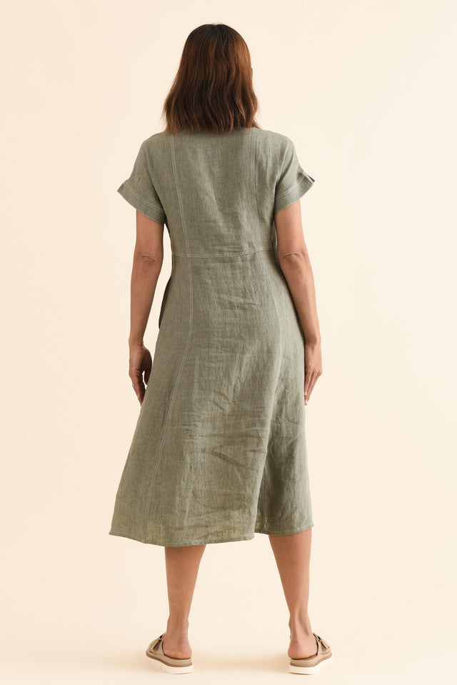 Fenton Sage Linen Button Dress,Back,Brunette model,alt text|model:Cara image 4